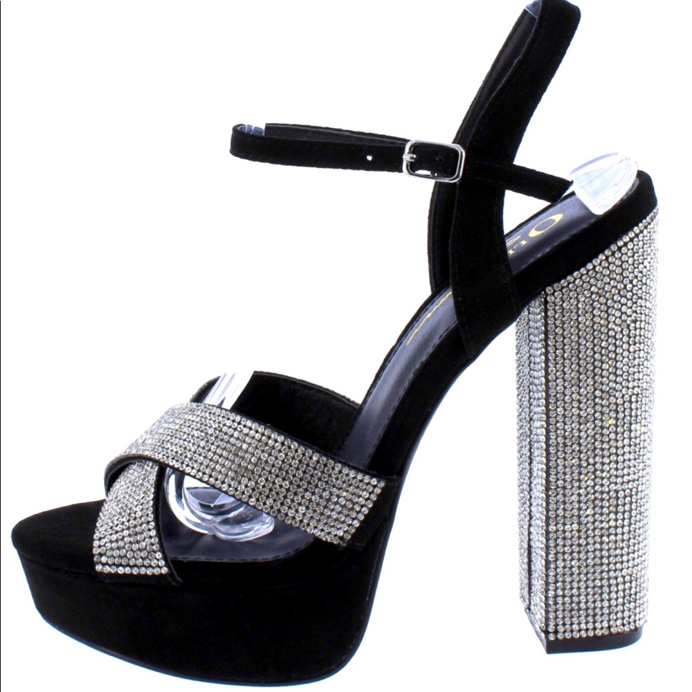 ‼️LAST PAIR‼️ CRYSTAL Embellished Black Open Toe CHUNKY Heels